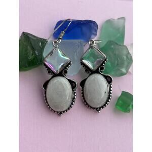 925 Sterling Rainbow Moonstone White Topaz Drop Dangle Earrings